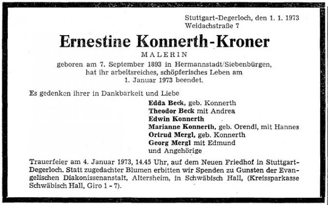 Kroner Ernestine 1893-1973 Todesanzeige